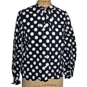 Vintage 80s Blue Polka Dot Bowtie Long Sleeve Top